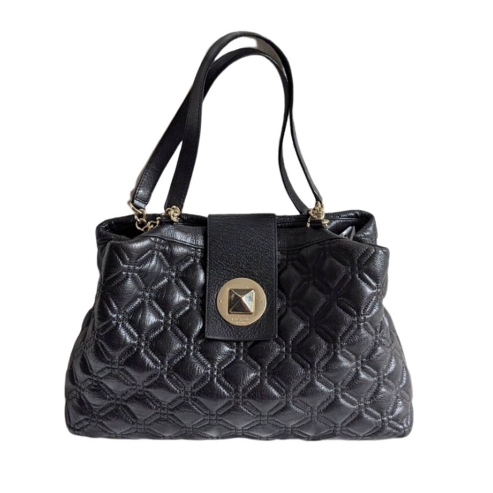 Kate Spade Black Quilted Leather Astor Court Elena Tote Shoulder Bag Gold Chain